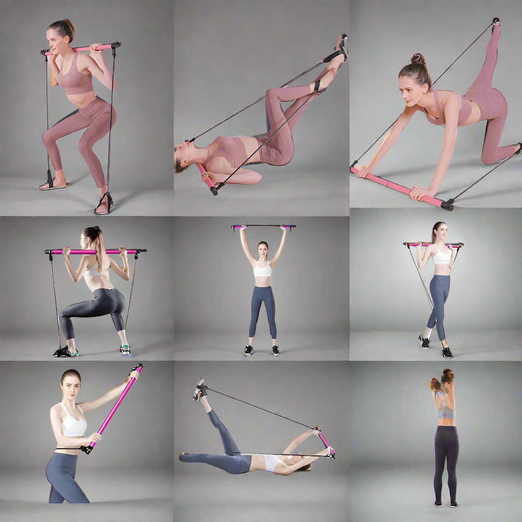 Multifunctional Pilates Bar Combination Fitness Bar Yoga Chest Expansion Tension Rope Back Trainer Elastic Rope Stretching Belt